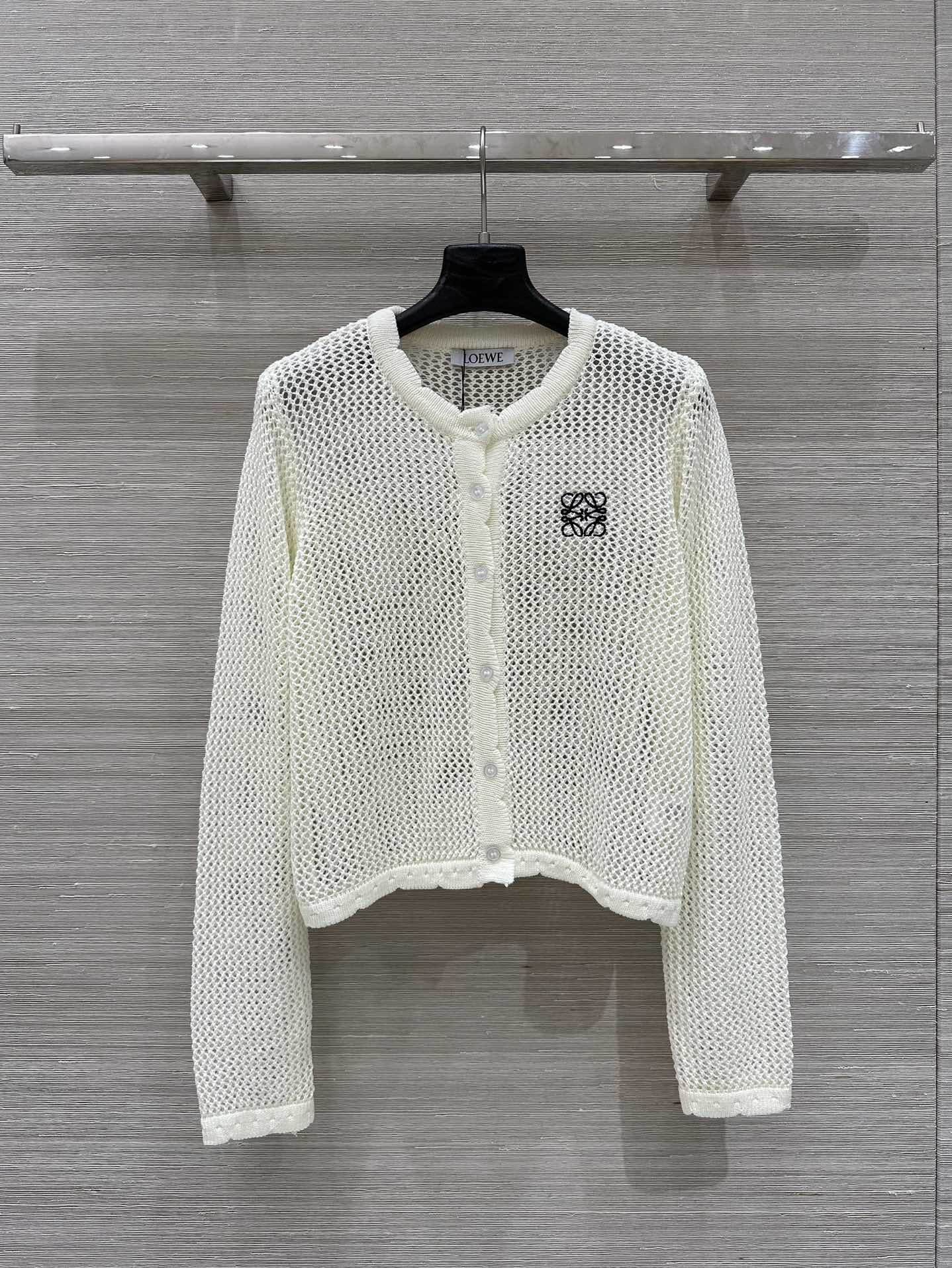 Loewe 25 Mesh Hollow Knitted Cardigan Ivory Wool