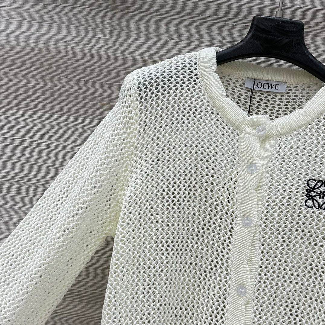 Loewe 25 Mesh Hollow Knitted Cardigan Ivory Wool