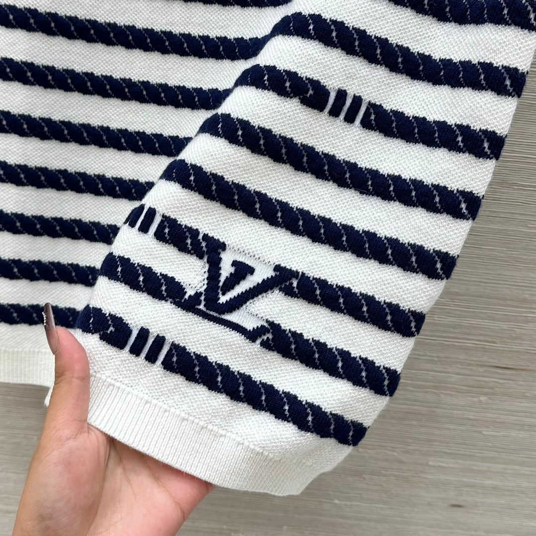 LV 25  Button Rope Short-Sleeved Shirt White Blue Wool