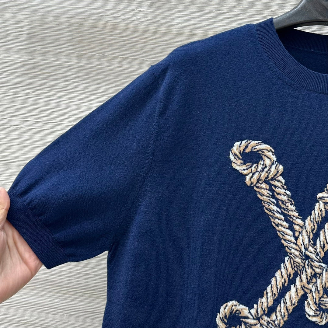 LV 25 Button Rope Jacquard Knitted T-Shirt Blue Wool Polyester