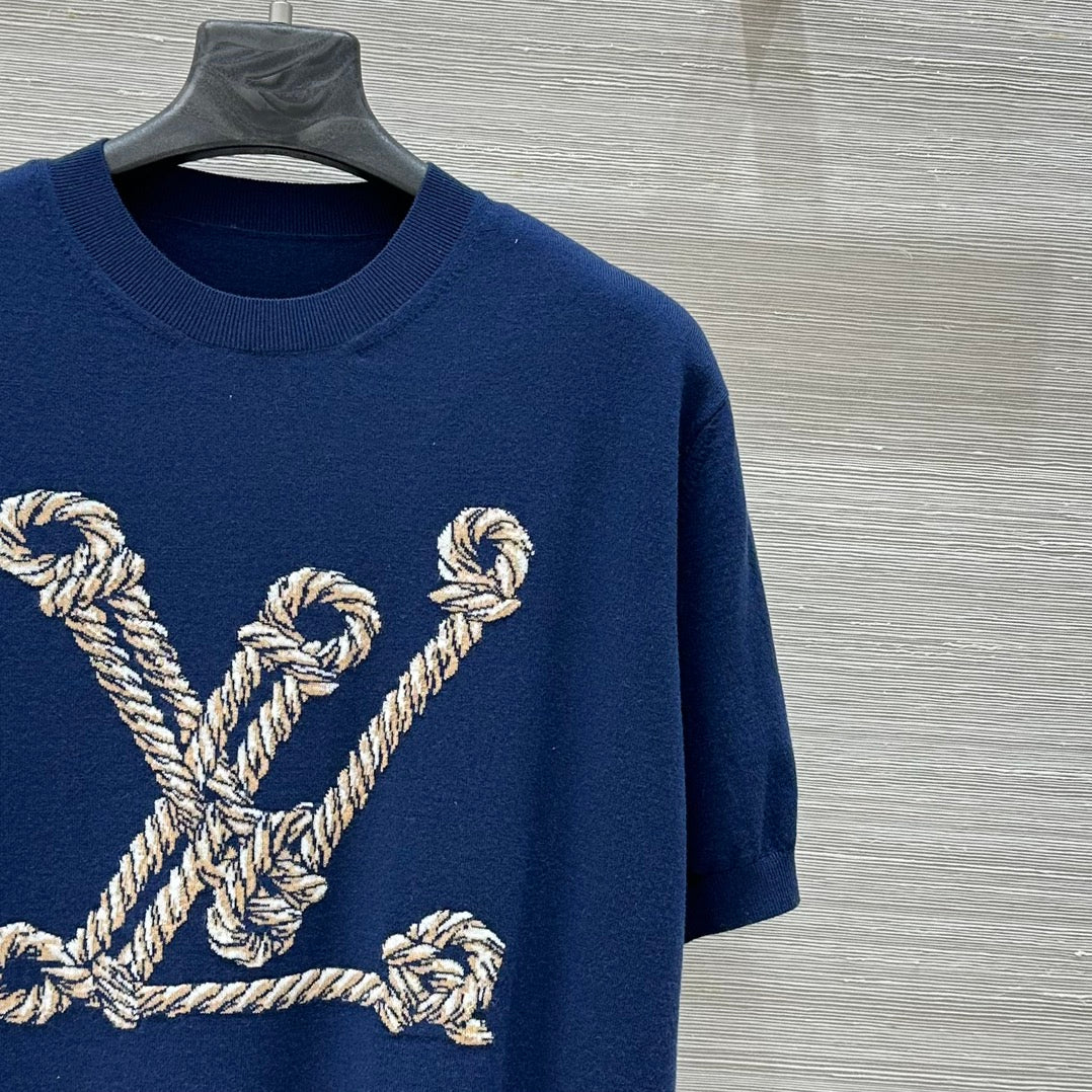 LV 25 Button Rope Jacquard Knitted T-Shirt Blue Wool Polyester