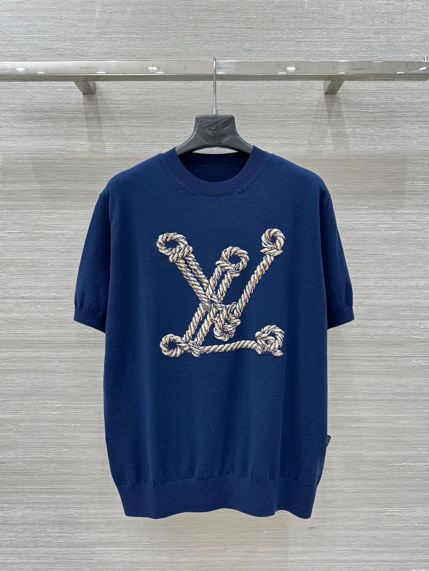 LV 25 Button Rope Jacquard Knitted T-Shirt Blue Wool Polyester