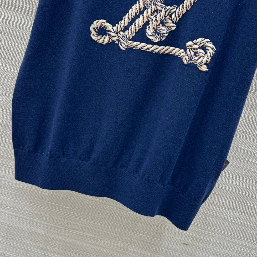 LV 25 Button Rope Jacquard Knitted T-Shirt Blue Wool Polyester