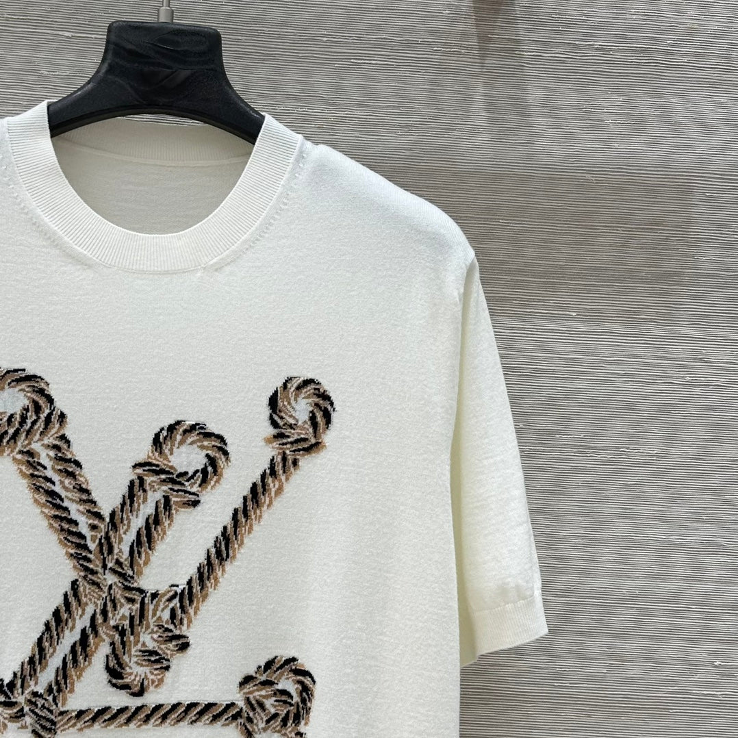 LV 25 Button Rope Jacquard Knitted T-Shirt White Wool Polyester