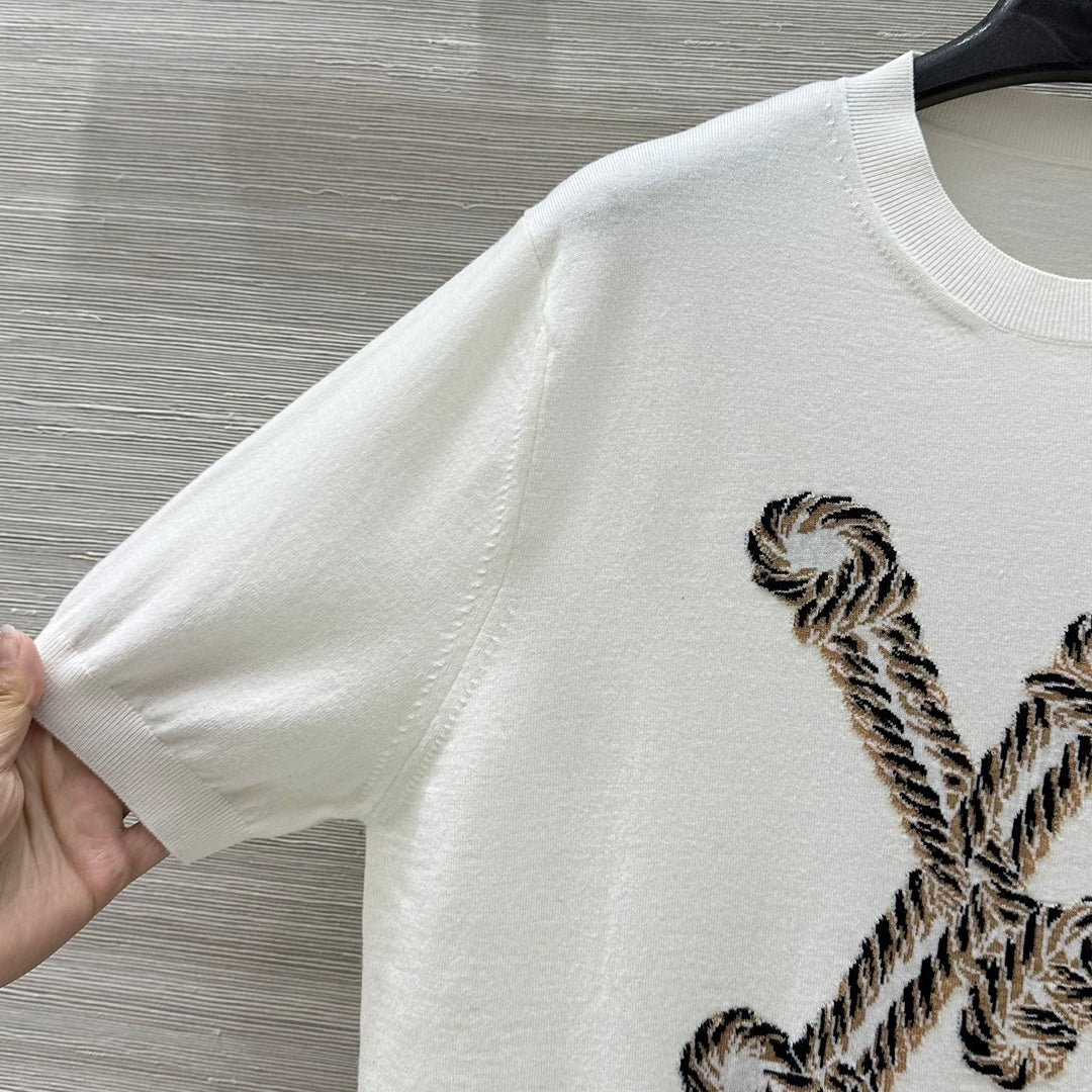 LV 25 Button Rope Jacquard Knitted T-Shirt White Wool Polyester