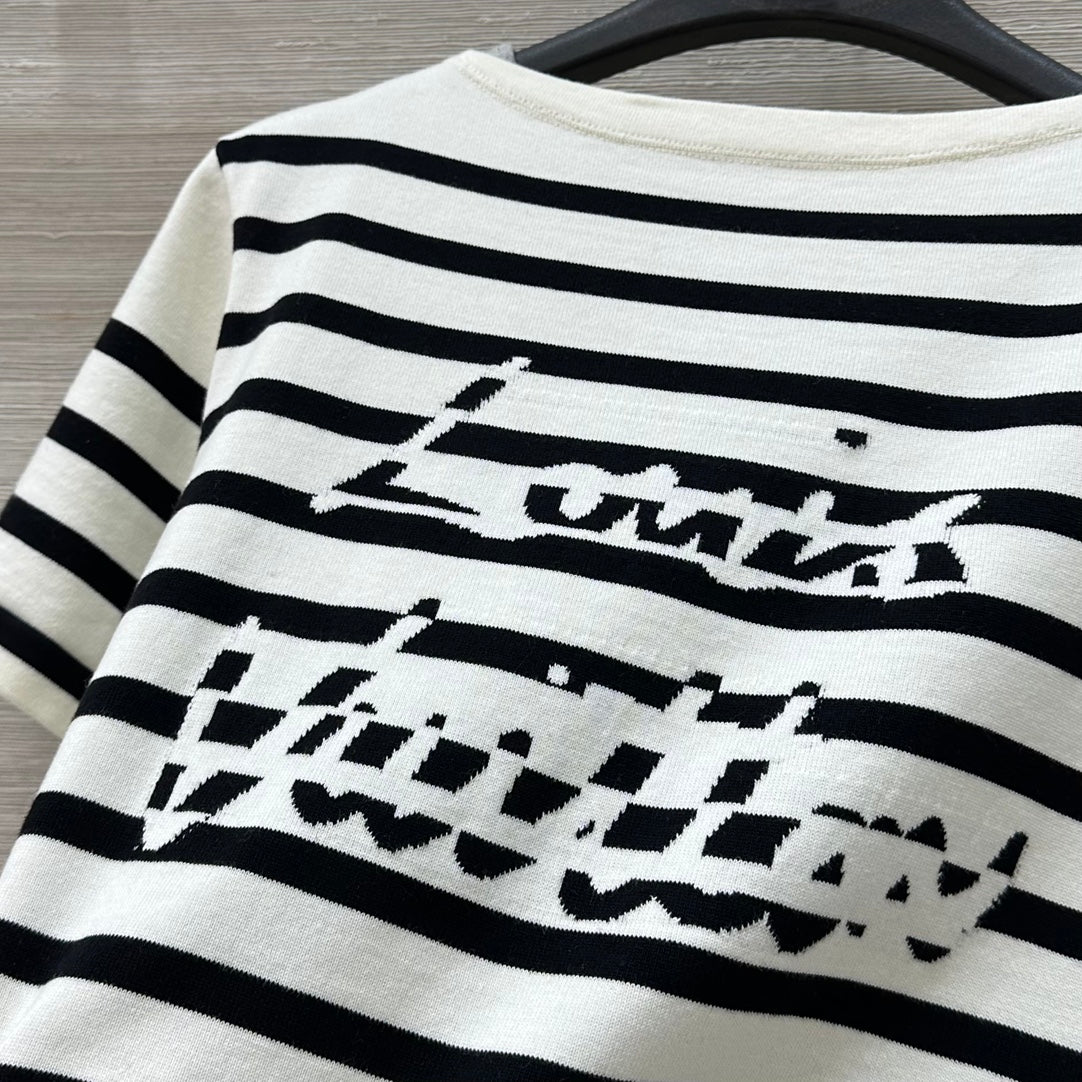 LV 25 Striped Letter Jacquard One-Shoulder Knitted White Black Cotton Polyester