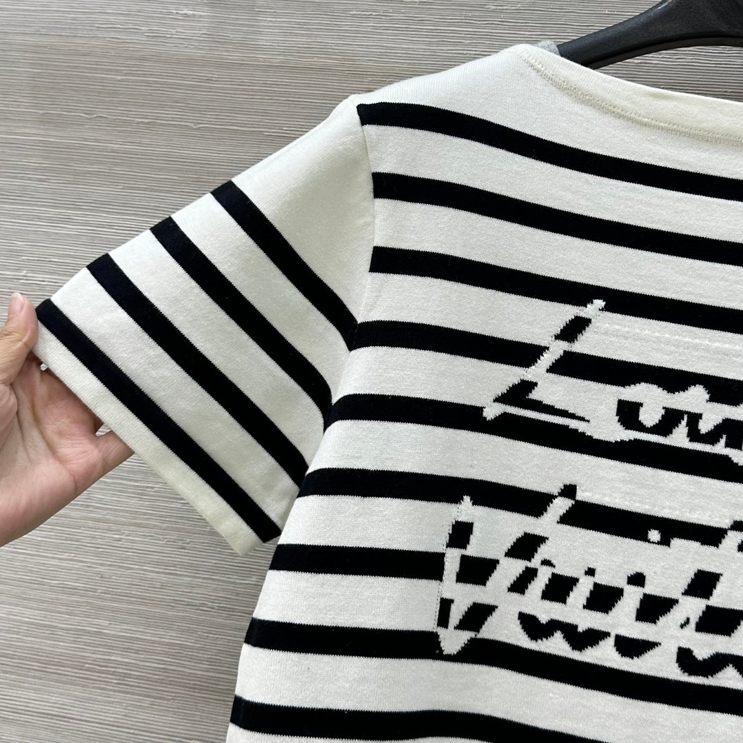 LV 25 Striped Letter Jacquard One-Shoulder Knitted White Black Cotton Polyester