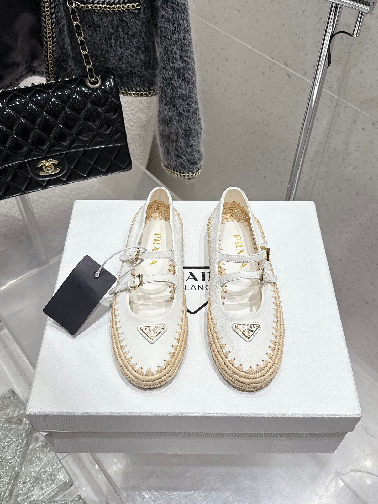 Pra 2025 Ballet Flat White Beige Cowhide Woven 554288