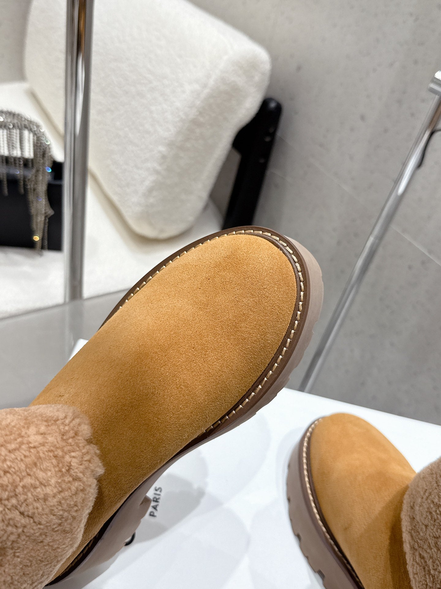 Celine 25 Fur-lined Ankle Boot Tan Suede Wool 554185