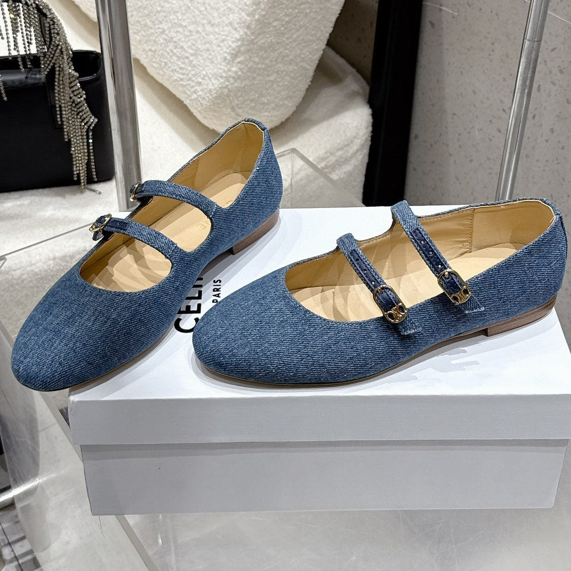 Celine 25 Ballet Flat Leopard Denim Fabric mix Cowhide 554200