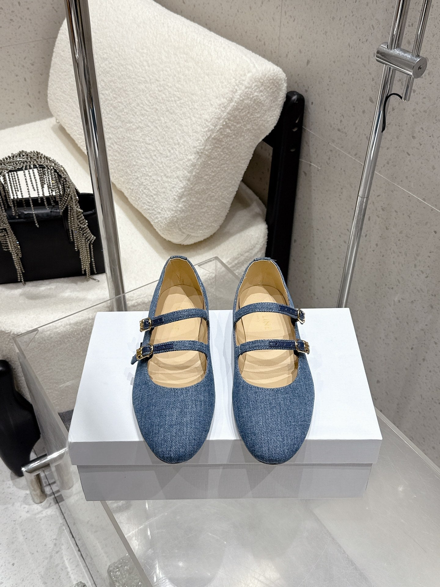 Celine 25 Ballet Flat Leopard Denim Fabric mix Cowhide 554200