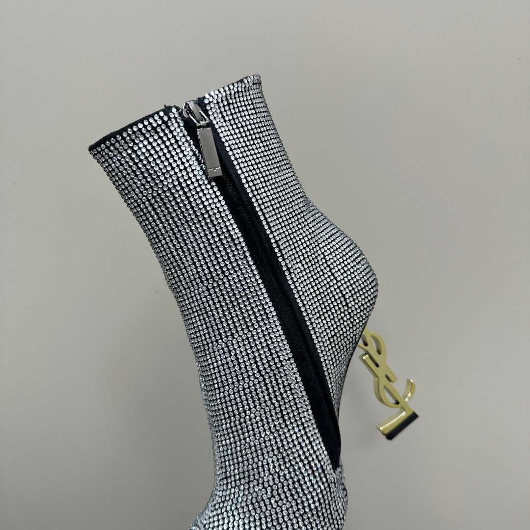 SL OPYUM GLITTER HEELED BOOT BLACK CALFSKIN