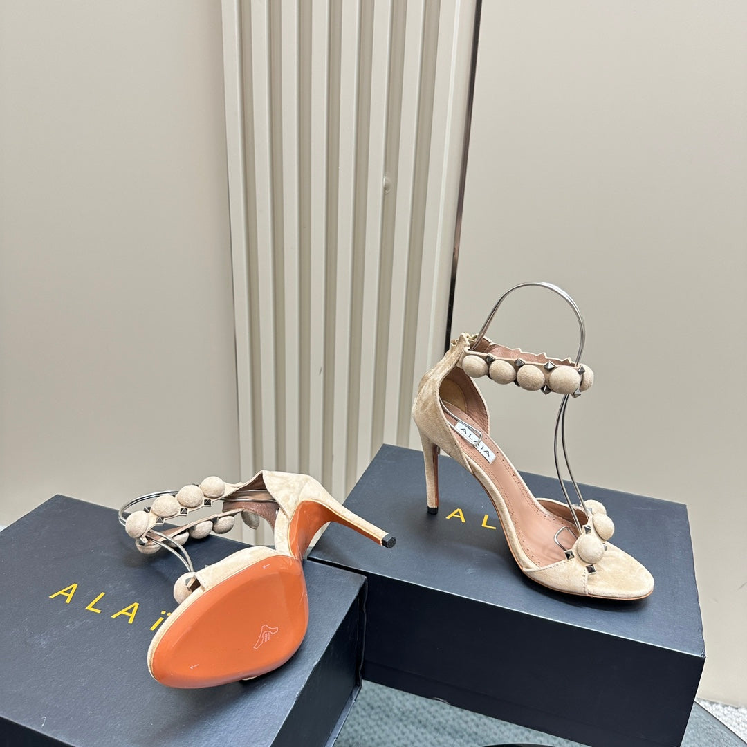 ALAIA HIGH HEEL SANDAL 10 CM IN BEIGE SUEDE