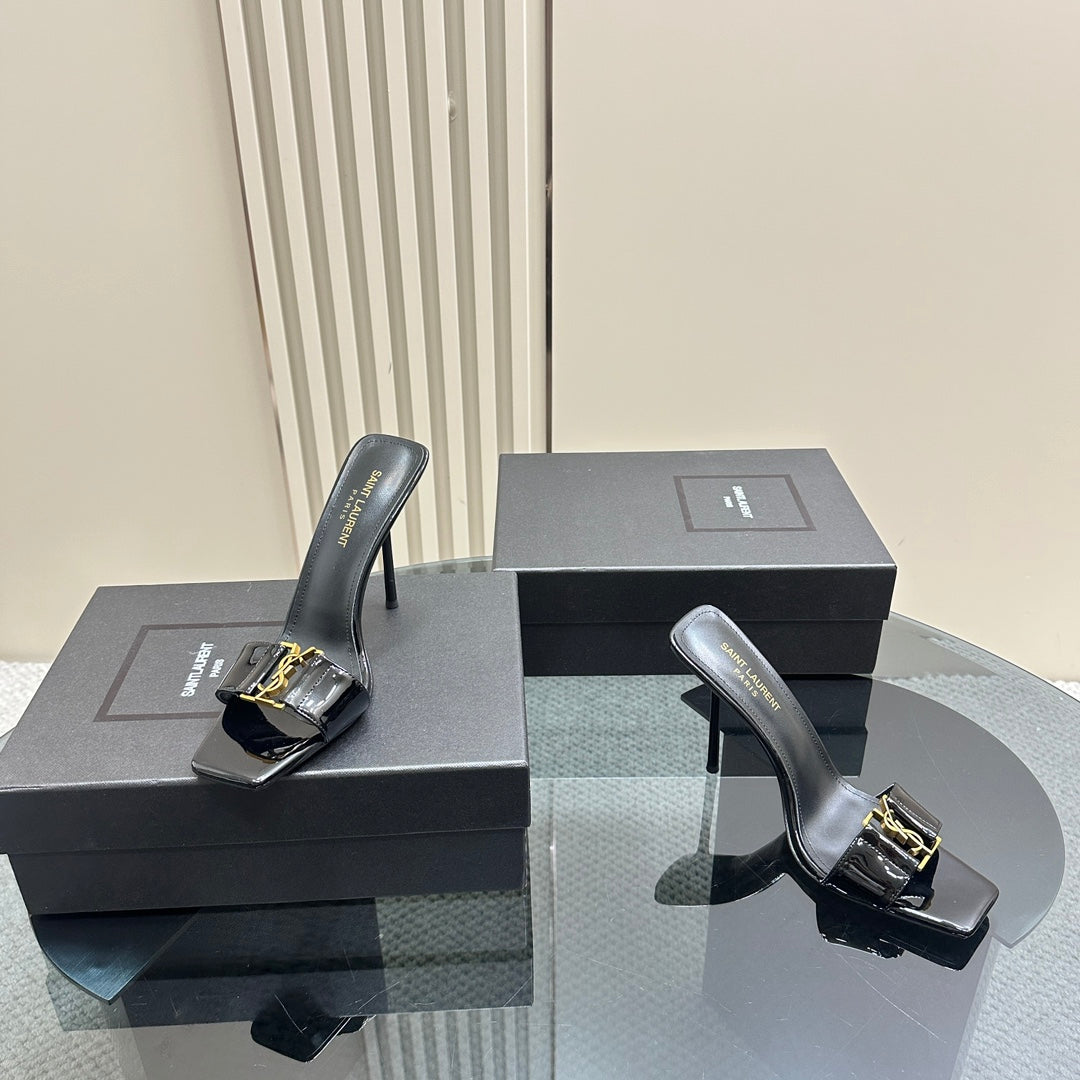 SL BABYLONE SLIDE PUMPS 115 BLACK POLISHED CALFSKIN