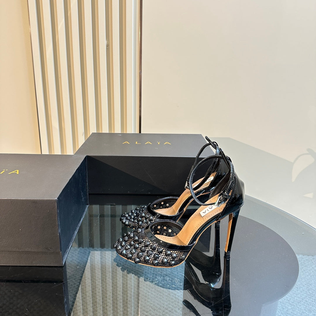 ALAIA HIGH FISHNET PUMPS WITH STUDS IN BLACK LYCRA MESH AND LAMBSKIN