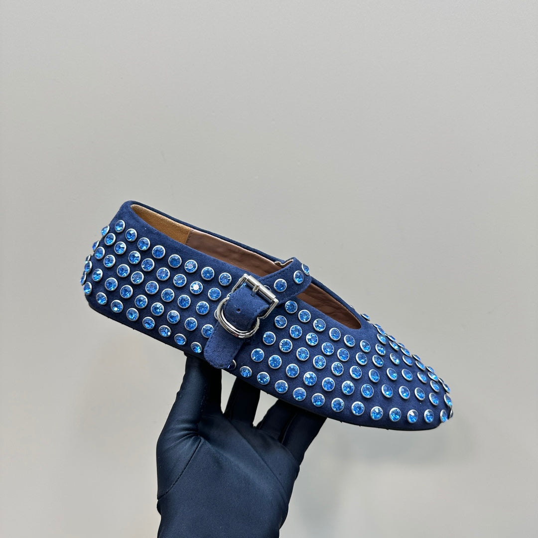 Alaia Strass Suede Ballet Flats In Dark Blue 999320