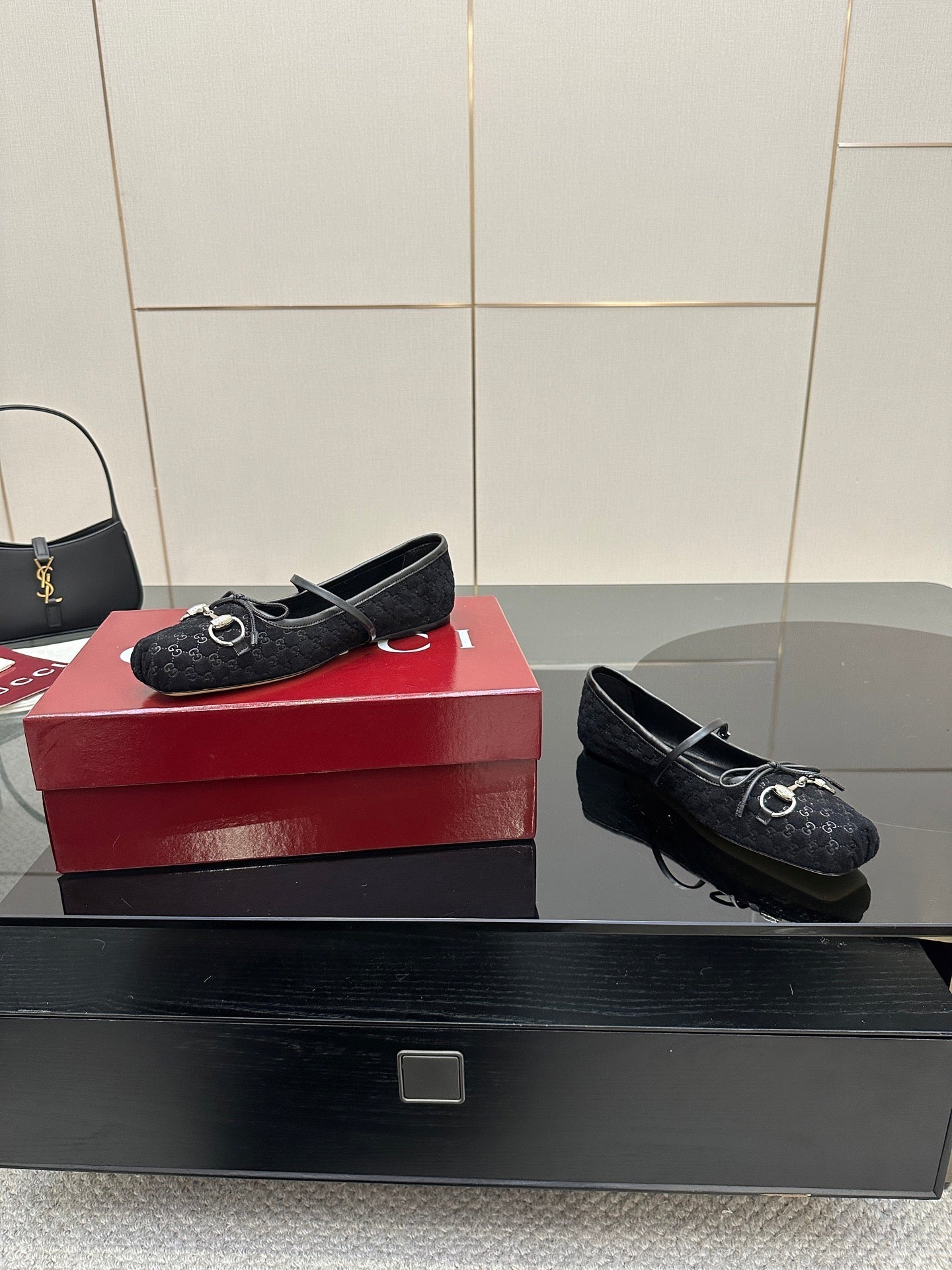GC 25 Horsebit Ballet Flat Black Monogram Suede