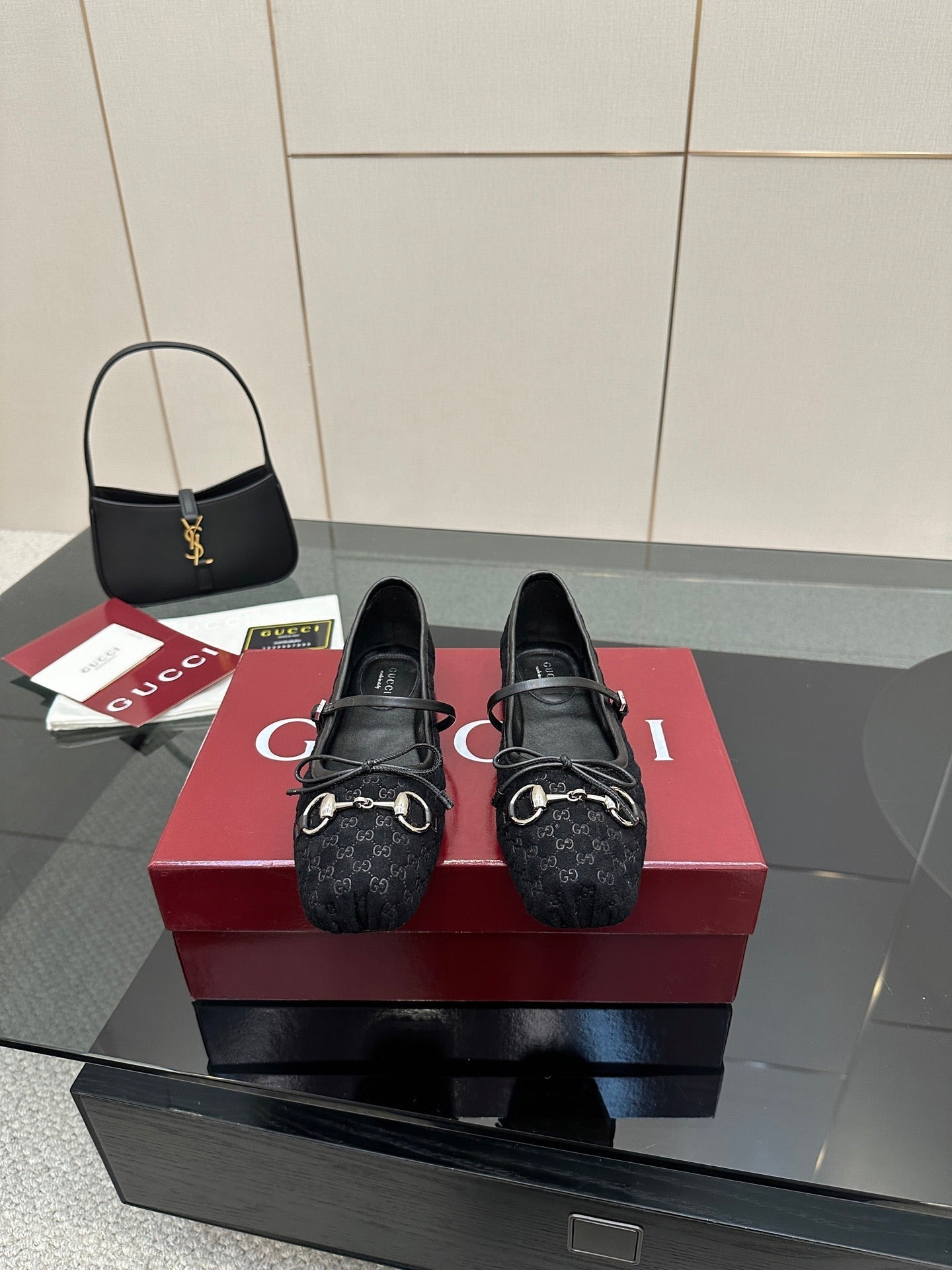 GC 25 Horsebit Ballet Flat Black Monogram Suede