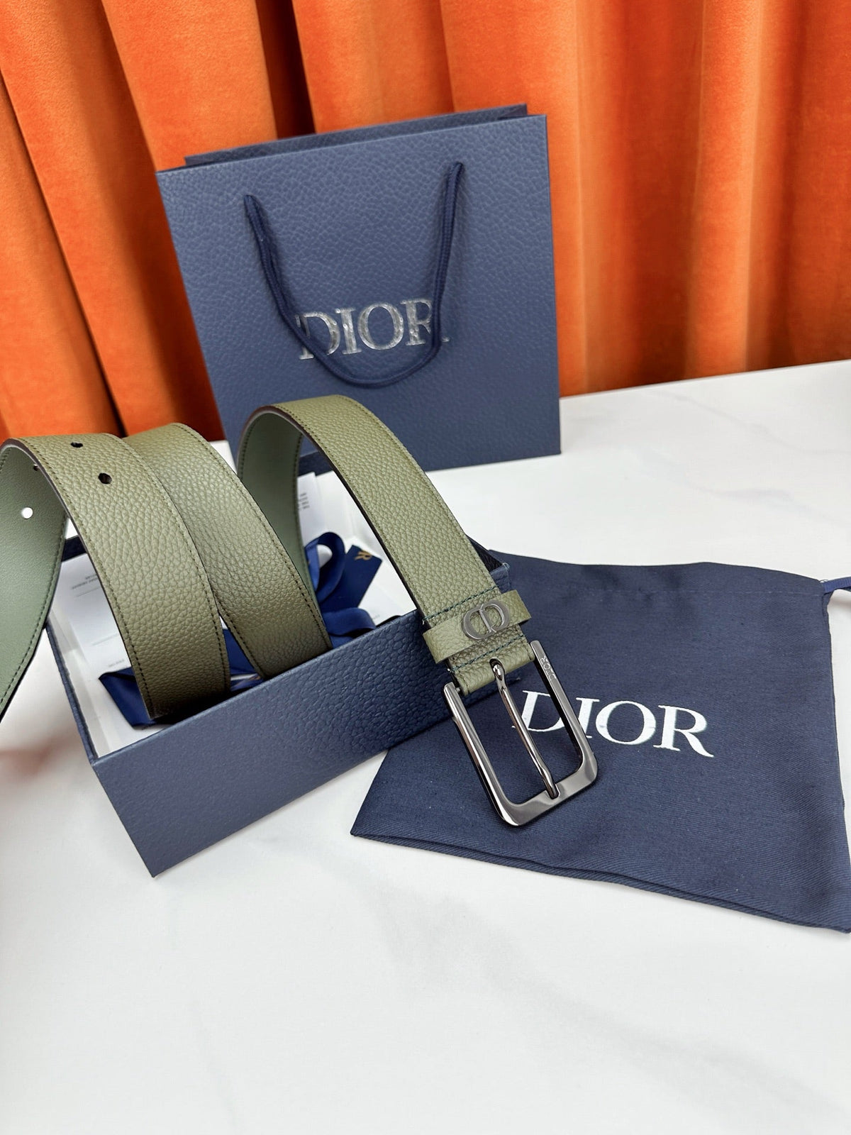 Dior 2026 CD Icon Grained Belt 35mm Moss Green Calfskin