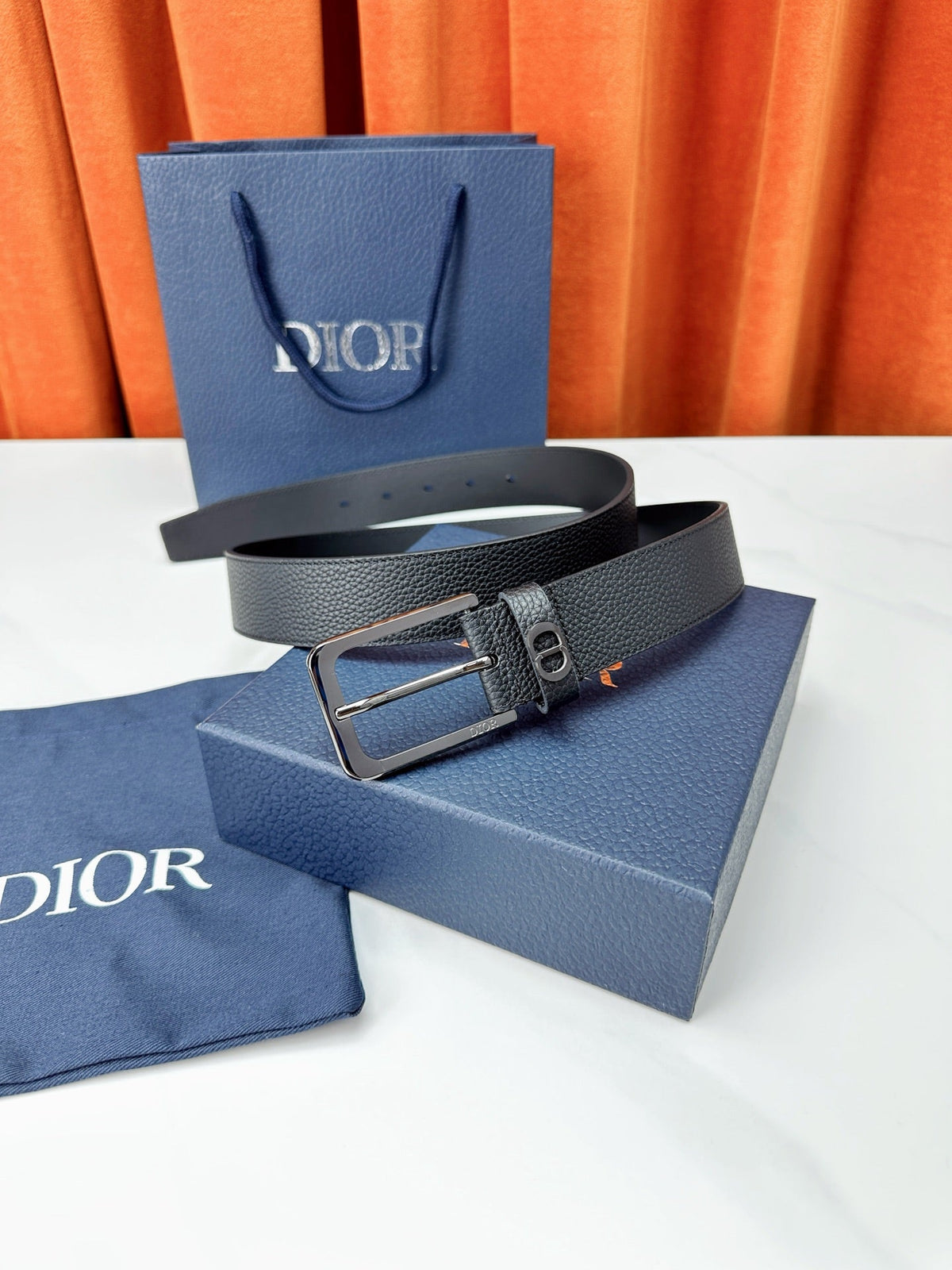 Dior 2026 CD Icon Grained Belt 35mm Black Calfskin