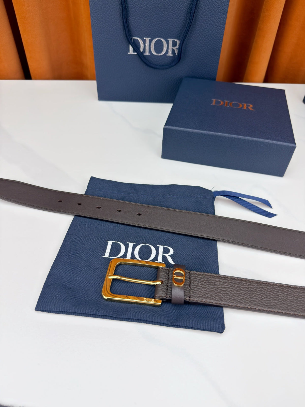 Dior 2026 CD Icon Grained Belt 35mm Dark Brown Calfskin