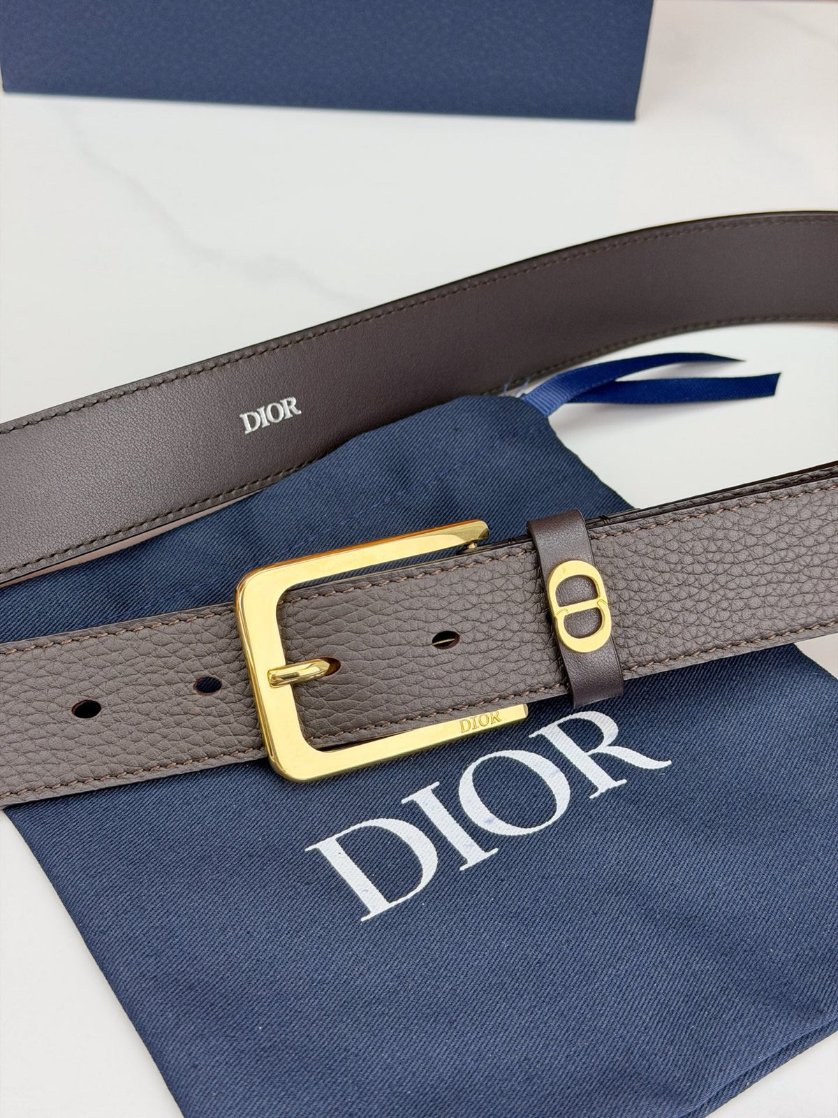 Dior 2026 CD Icon Grained Belt 35mm Dark Brown Calfskin