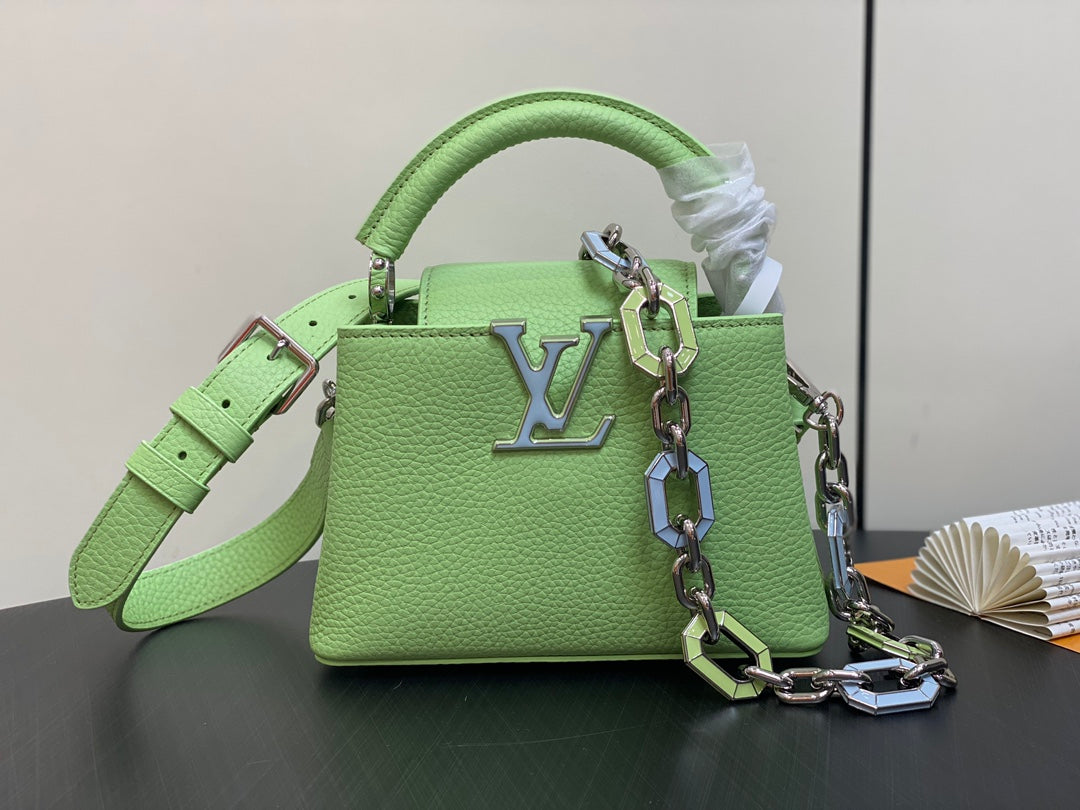 CAPUCINES MINI 21 GREEN TAURILLON TURQUOISE SILVER HARDWARE