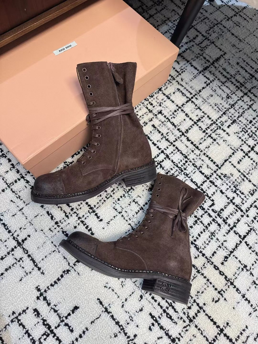 Miu Lace-Up Boots Earth Brown Suede