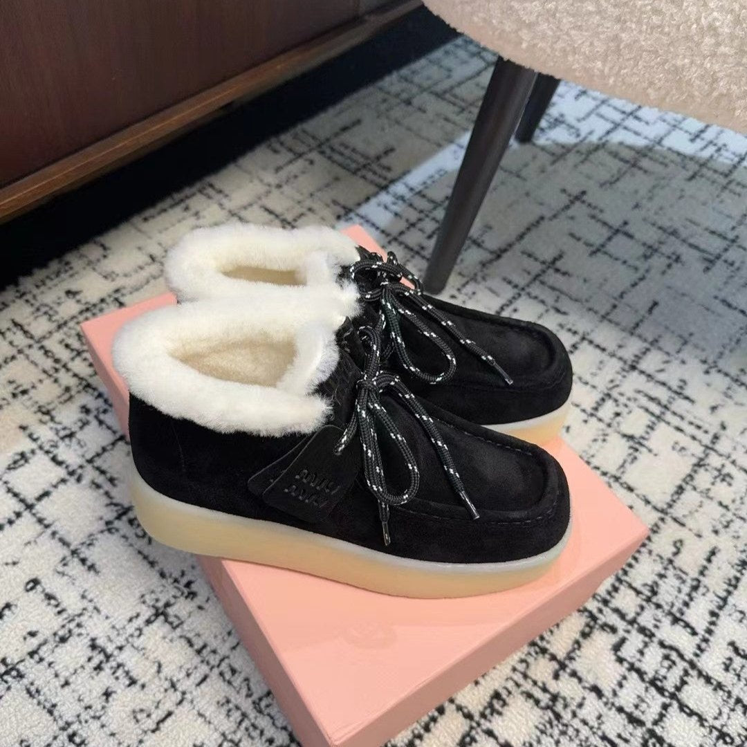 Miu Ankle Boots Black Fleece Lining Cow Suede