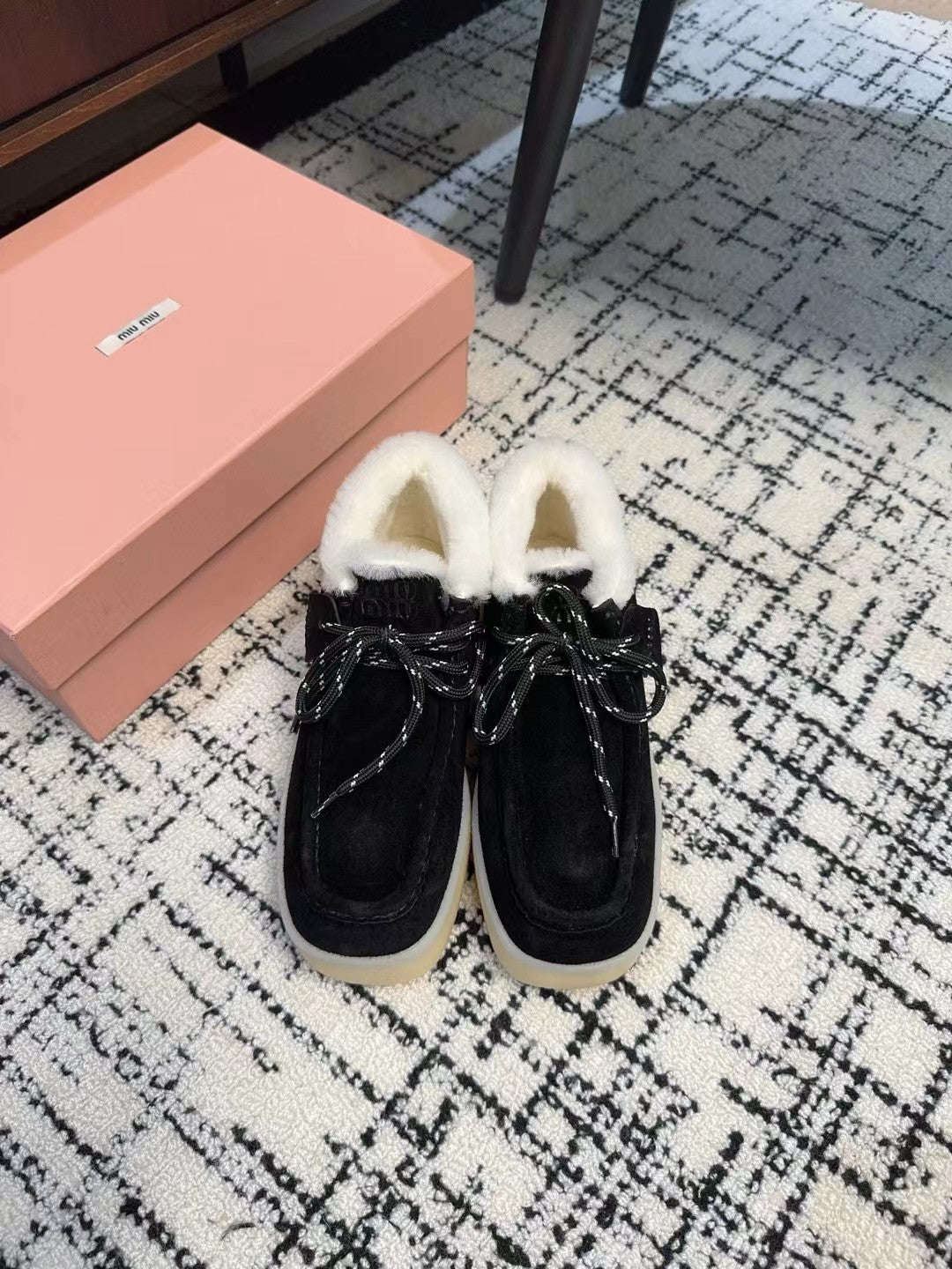 Miu Ankle Boots Black Fleece Lining Cow Suede