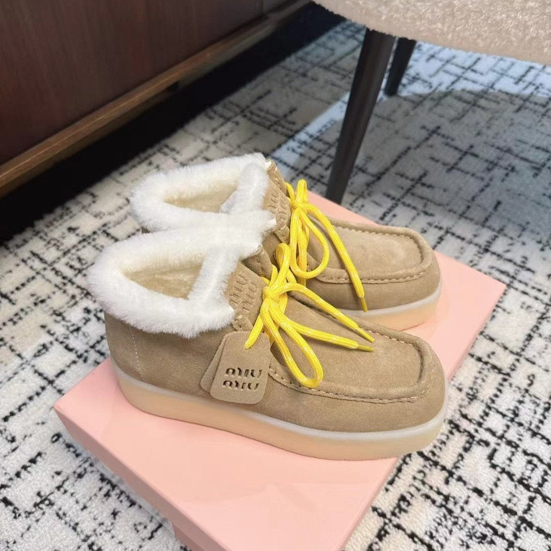 Miu Ankle Boots Light Brown Fleece Lining Cow Suede