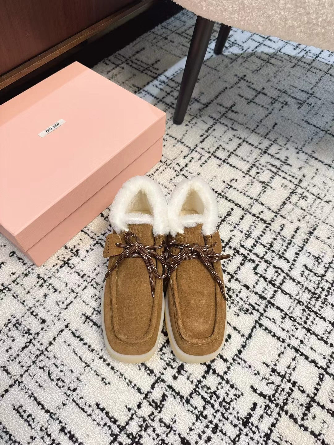 Miu Ankle Boots Cinnamon Brown Fleece Lining Cow Suede