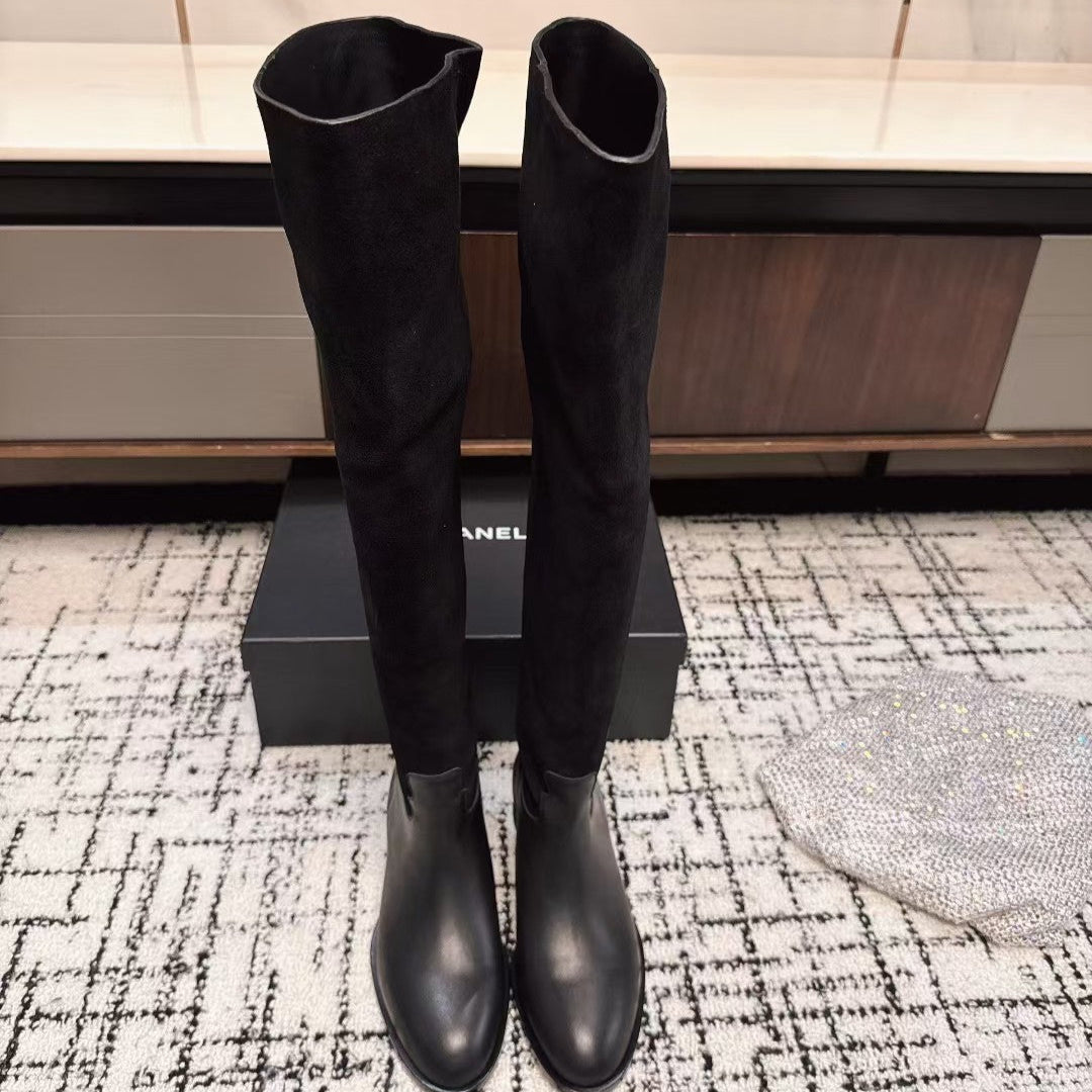 Chanel 25A Winter New Thigh Boots Black Cowhide Mix Suede 393520