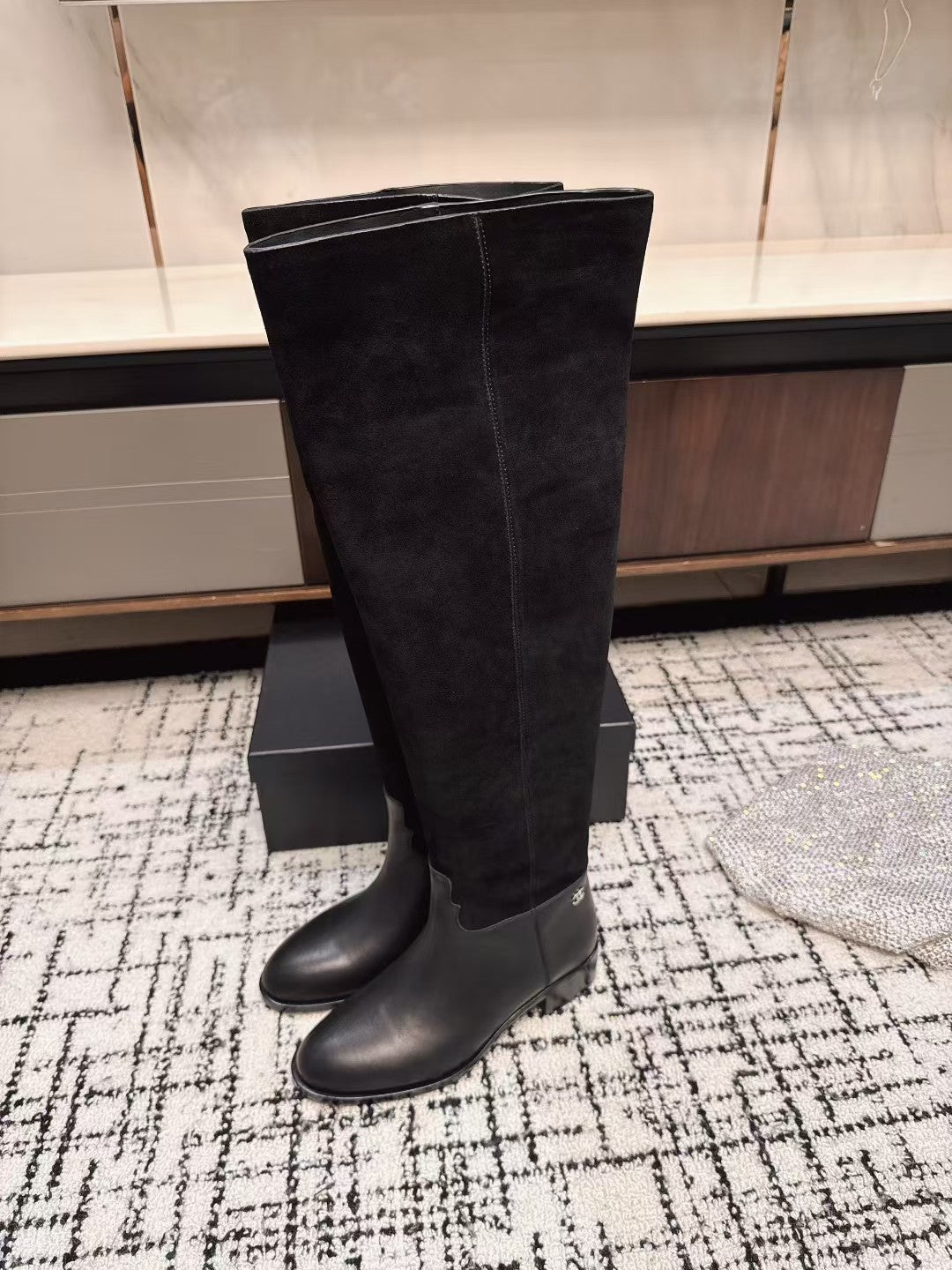 Chanel 25A Winter New Thigh Boots Black Cowhide Mix Suede 393520