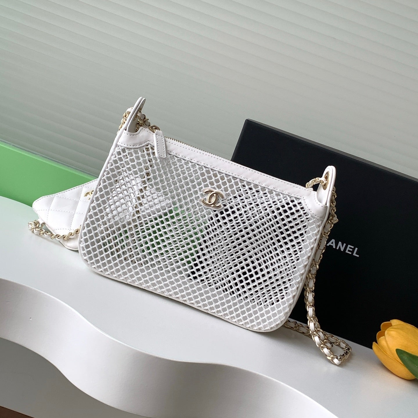 CC 25S Rectangle White Cluth Bag With Chain