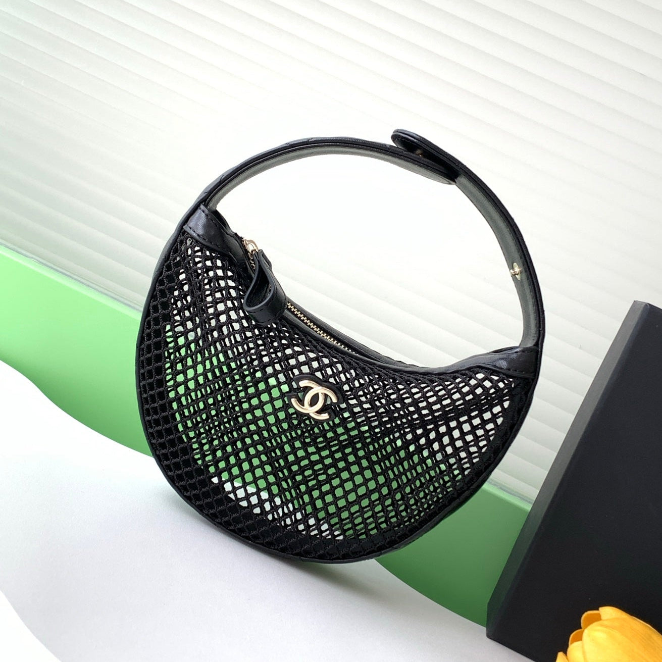 CC 25S Pouch Bag 17cm Black Mesh Calfskin