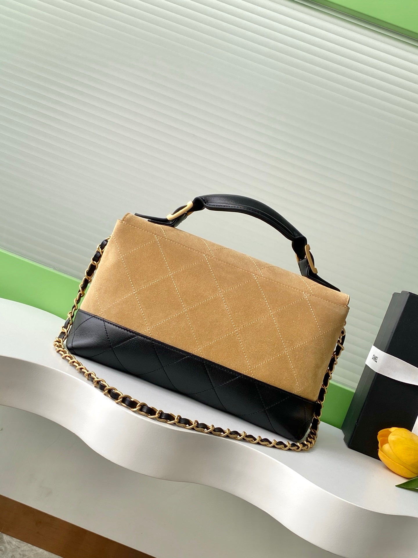 CC 25A Flap Bag 29cm Beige Suede Black Calfskin