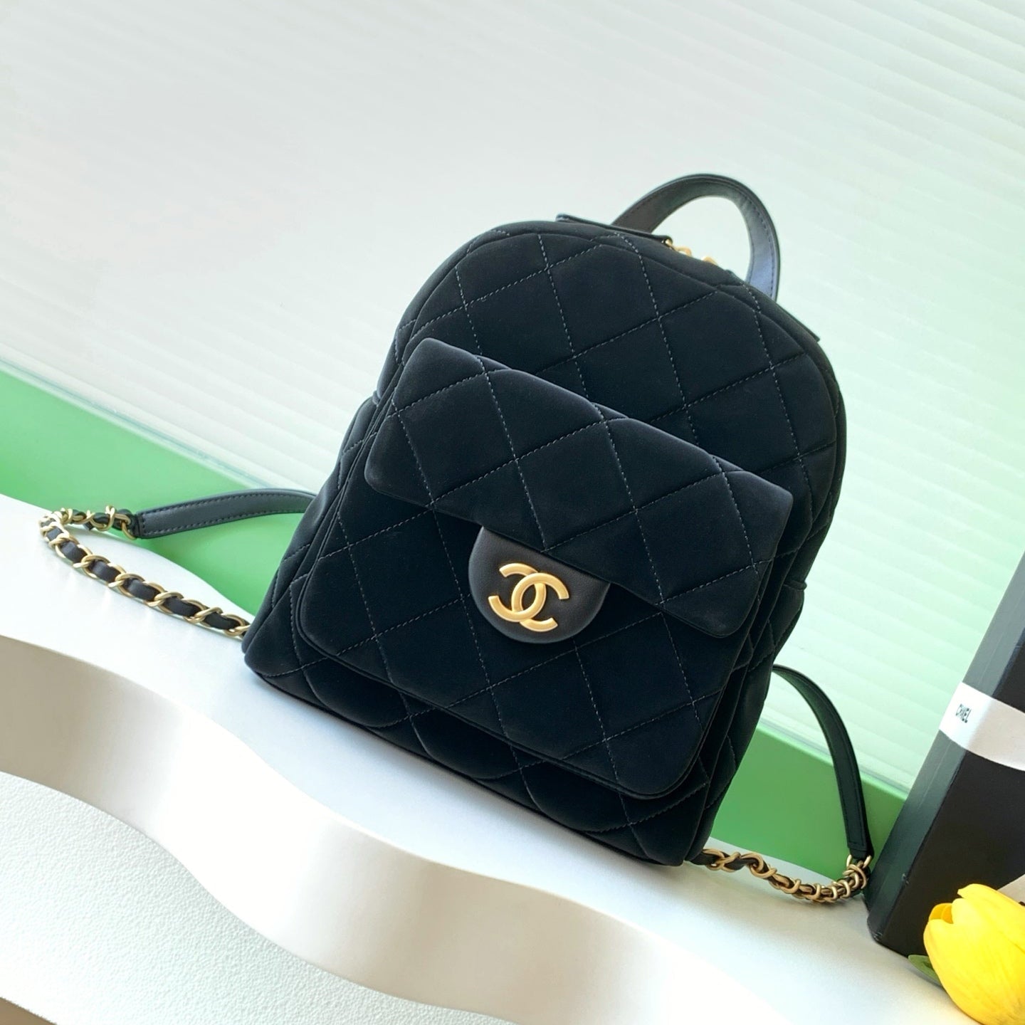 Chanel 25K Backpack Black Gold Suede 295191