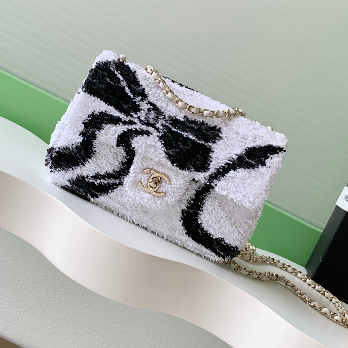 CC 2025 Flap Bag Silver Black Sequin 298202