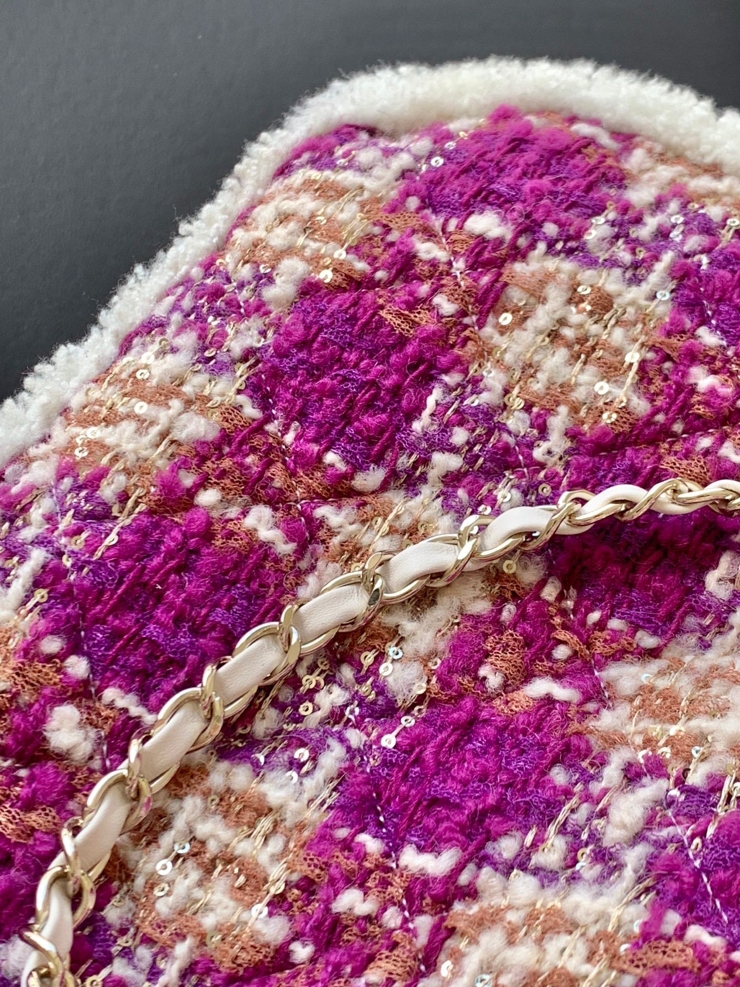 CC 2025 Bag Pink White Tweed Fabric Leather