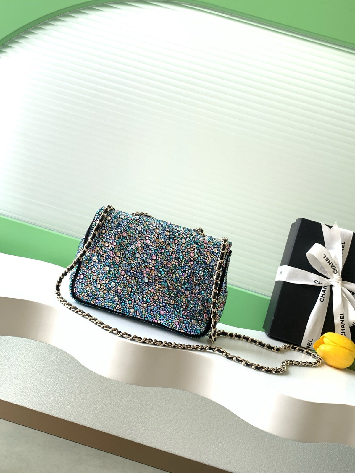 Chanel 2026 Flap Bag 21cm Blue mix Colors Sequin Leather 325283