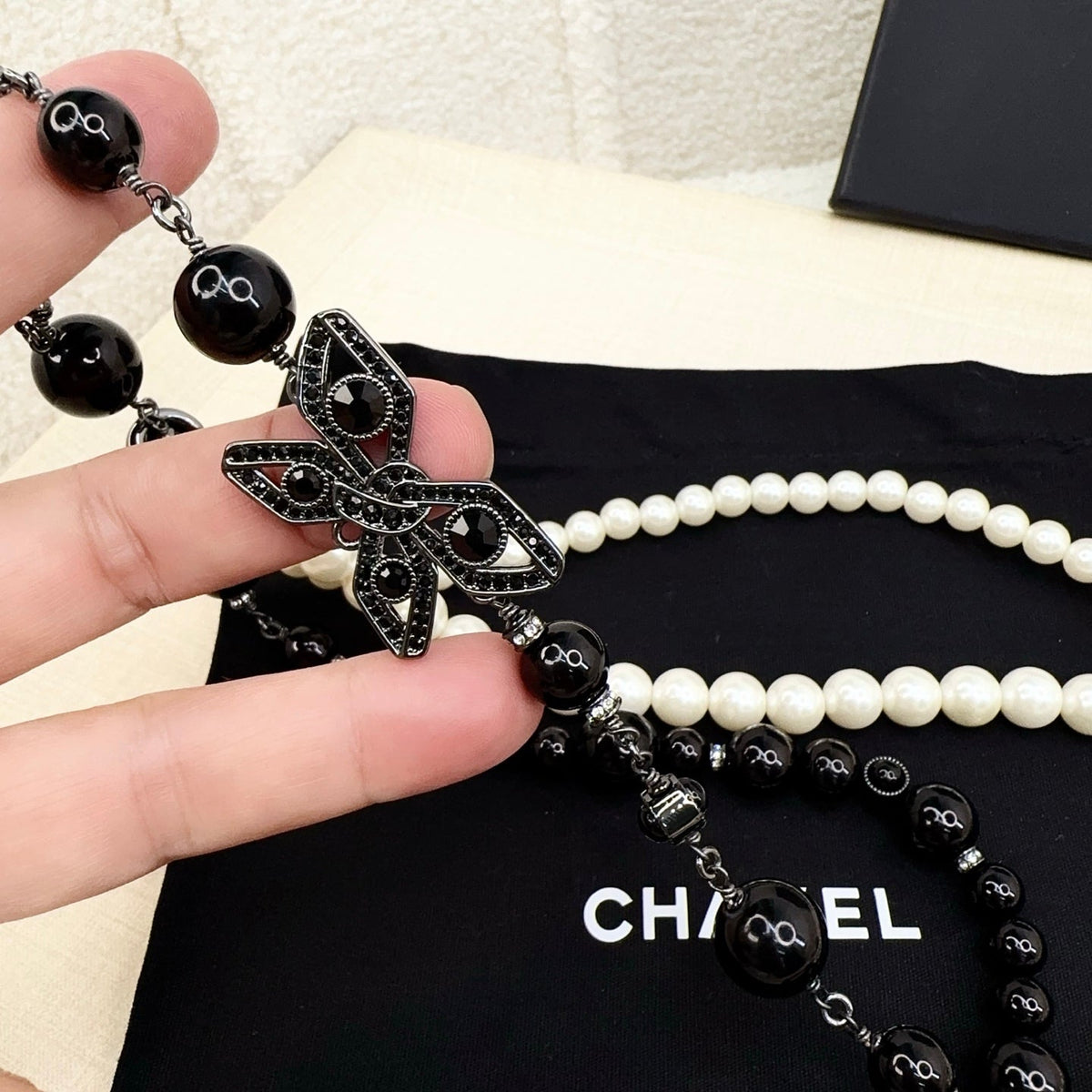 Chanel 2026 Hand-Woven Pearl Waist Chain Black 218095