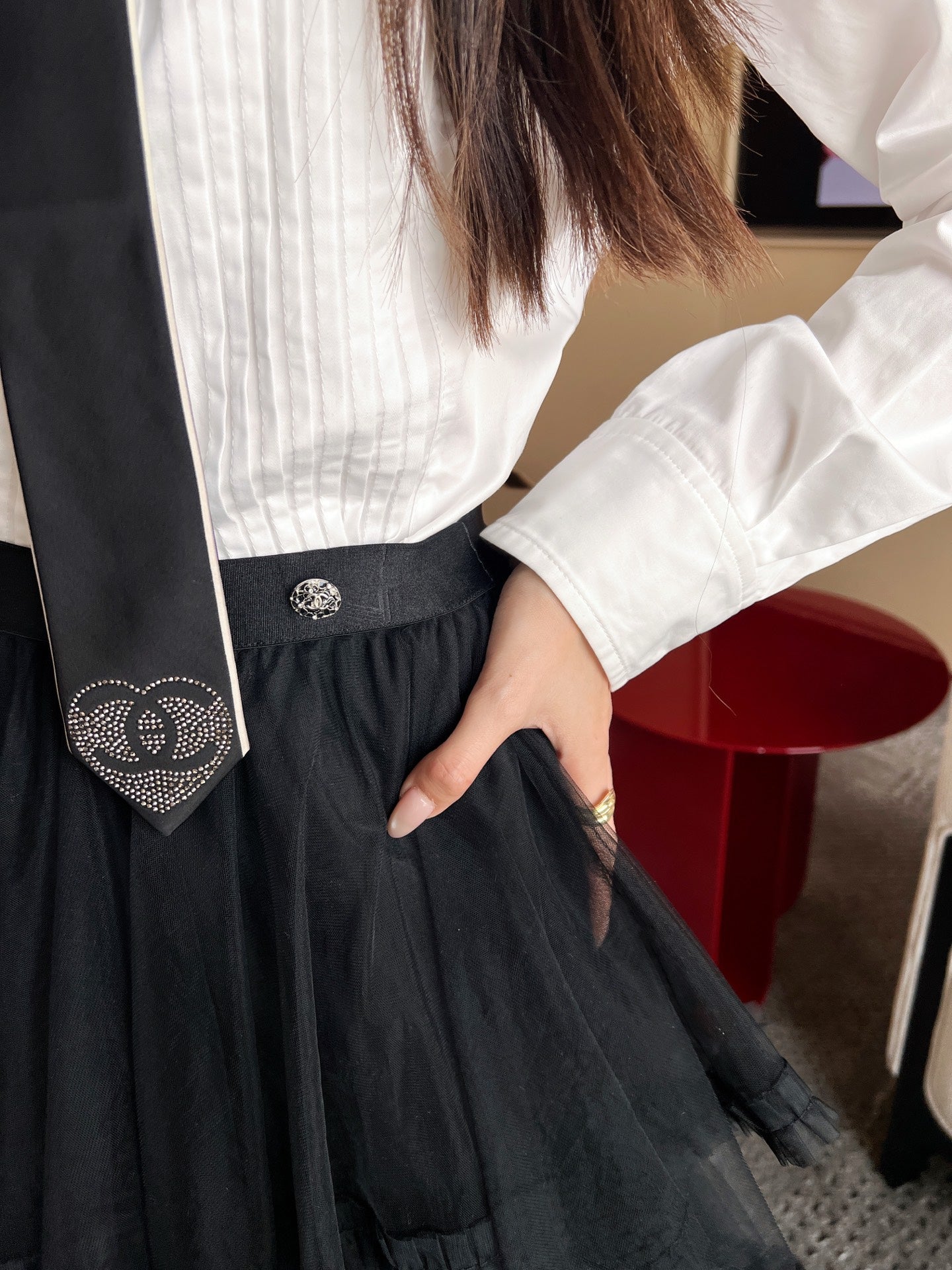 CC 25 Mesh Long Skirt Black Polyester Fiber