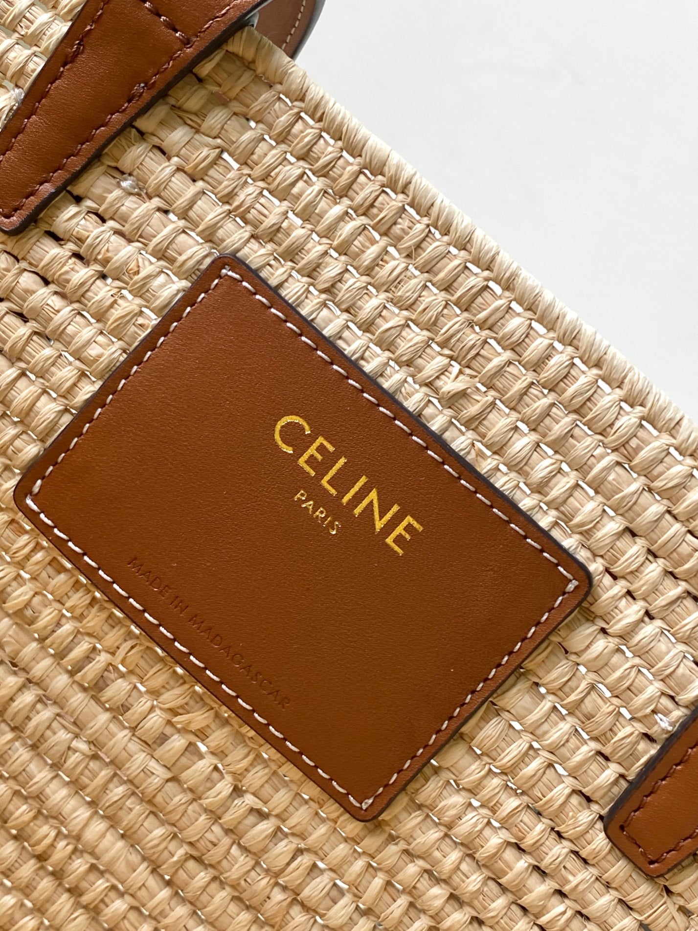 Celine Classic Panier 36cm Braieded Triomphe Beige Raffia Brown Calfskin