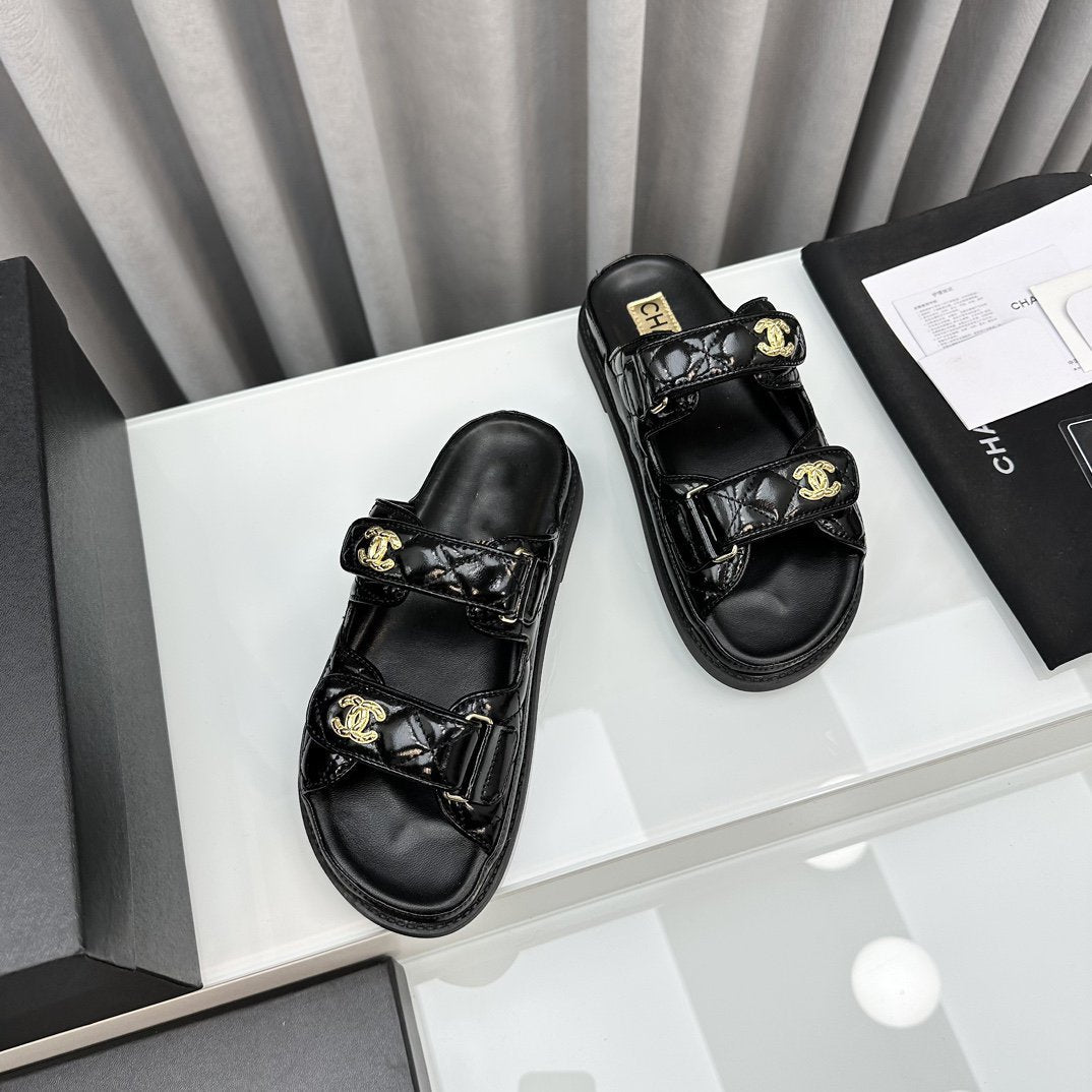 dad sandals black patent lambskin mules