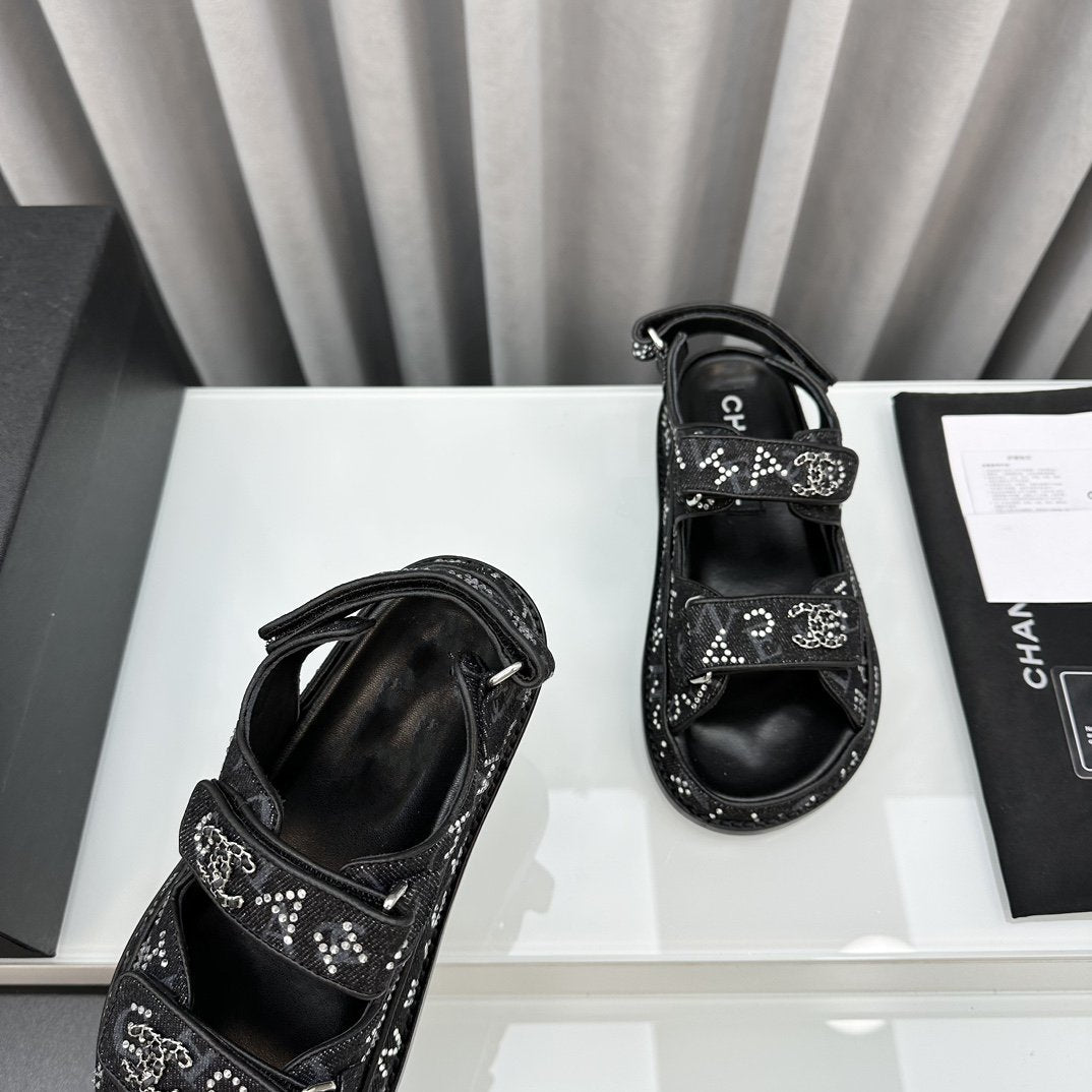 dad sandals black denim mules