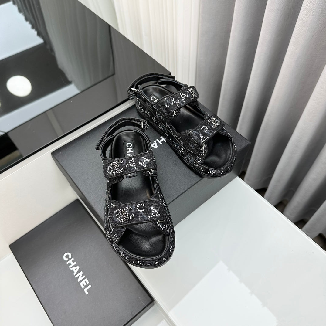 dad sandals black denim mules