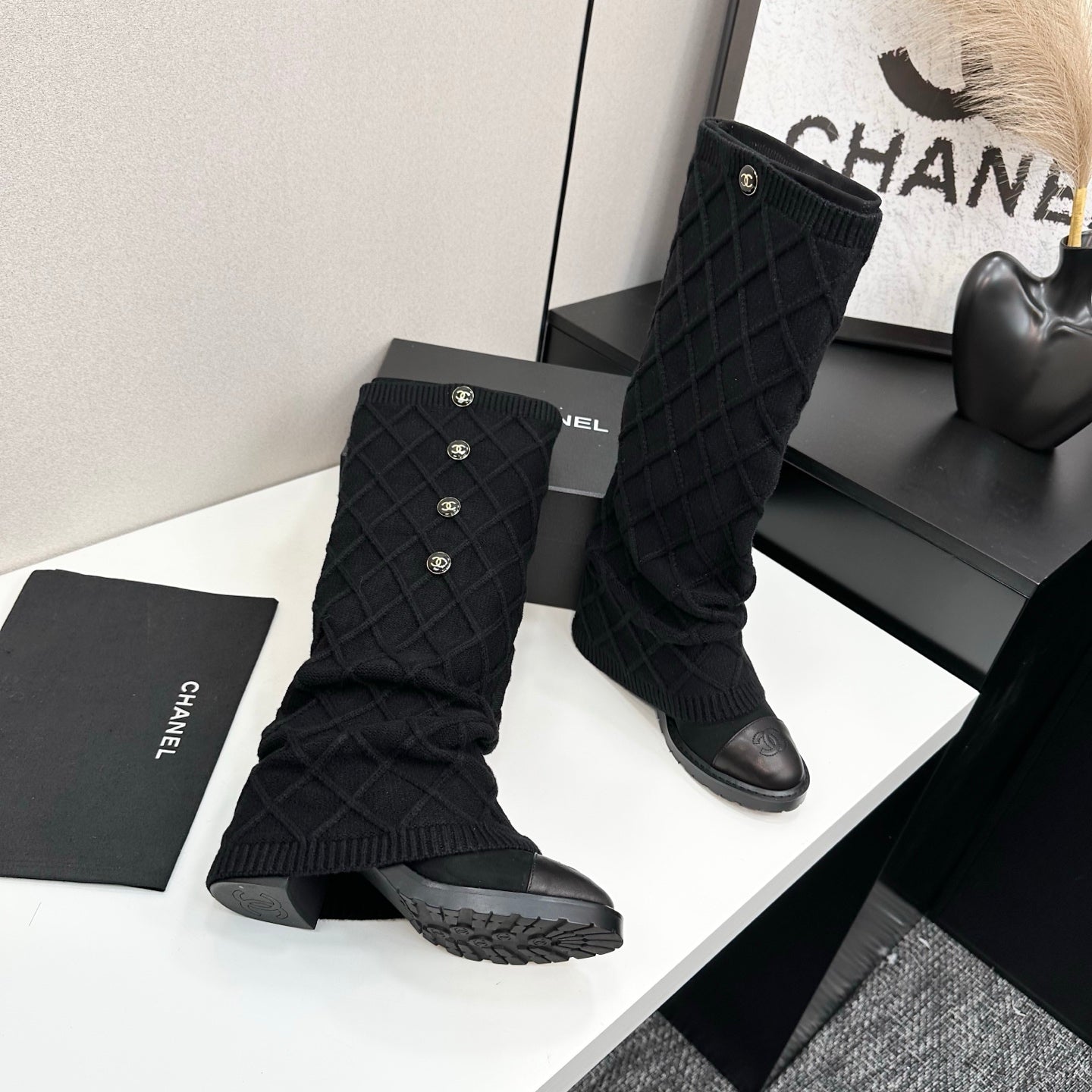 Chanel 2026 CC Buttoned Knitted Knee-High Boots Wool 985768
