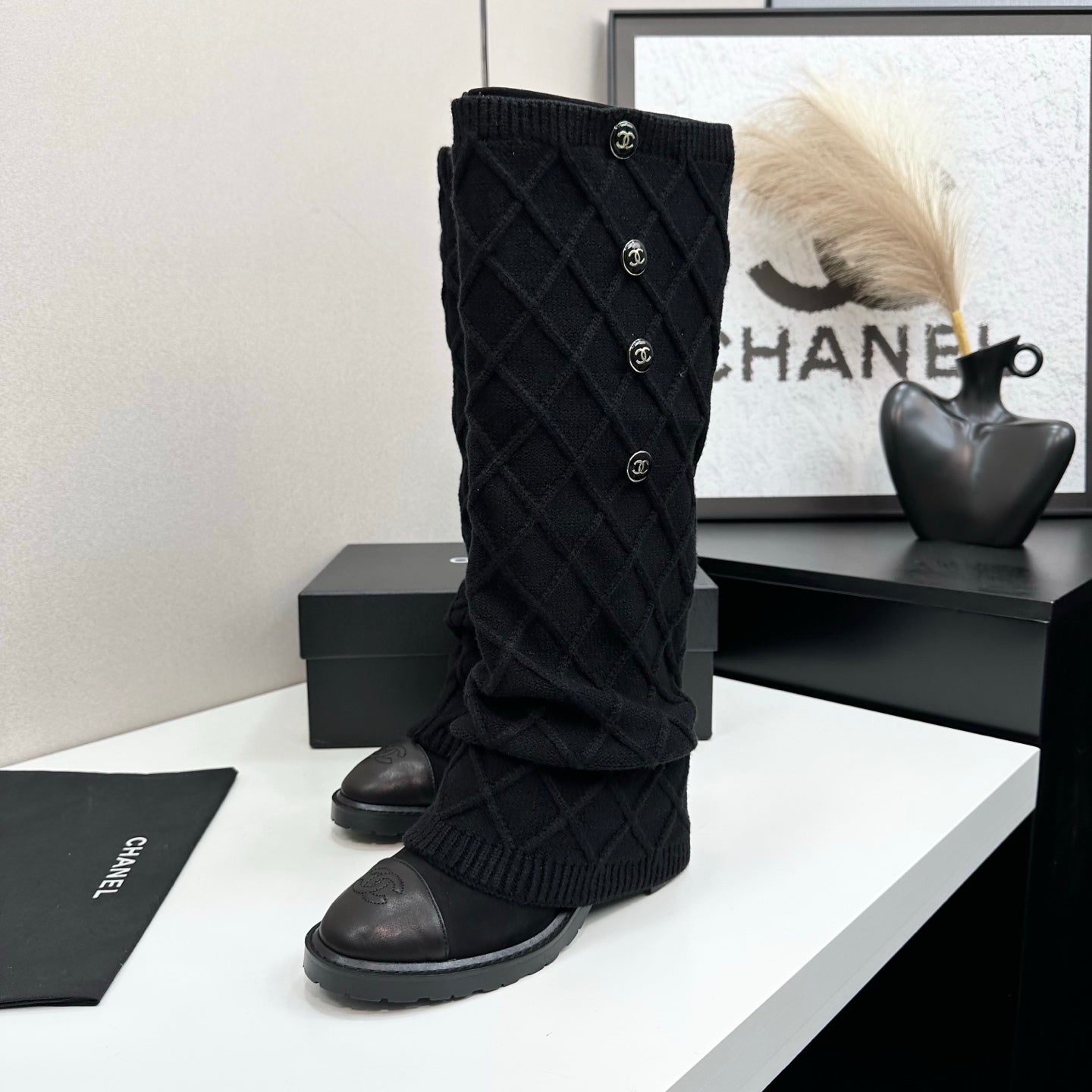 Chanel 2026 CC Buttoned Knitted Knee-High Boots Wool 985768