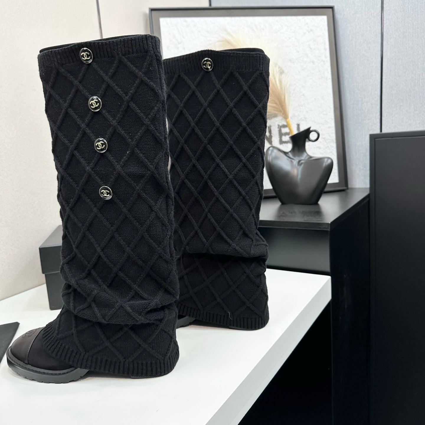 Chanel 2026 CC Buttoned Knitted Knee-High Boots Wool 985768